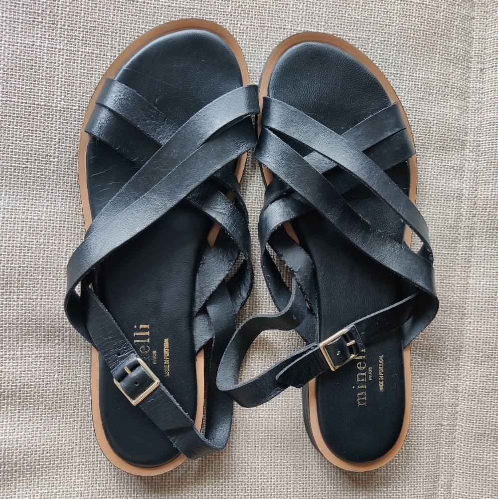 Minelli Paris black leather women's sandals size 10.5